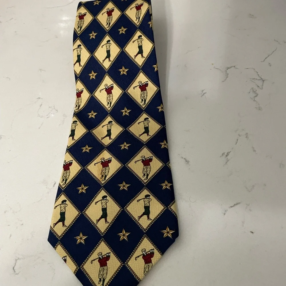 Tommy Hilfiger beige Navy blue Diamond Golfers Print 100% Silk Tie made in USA